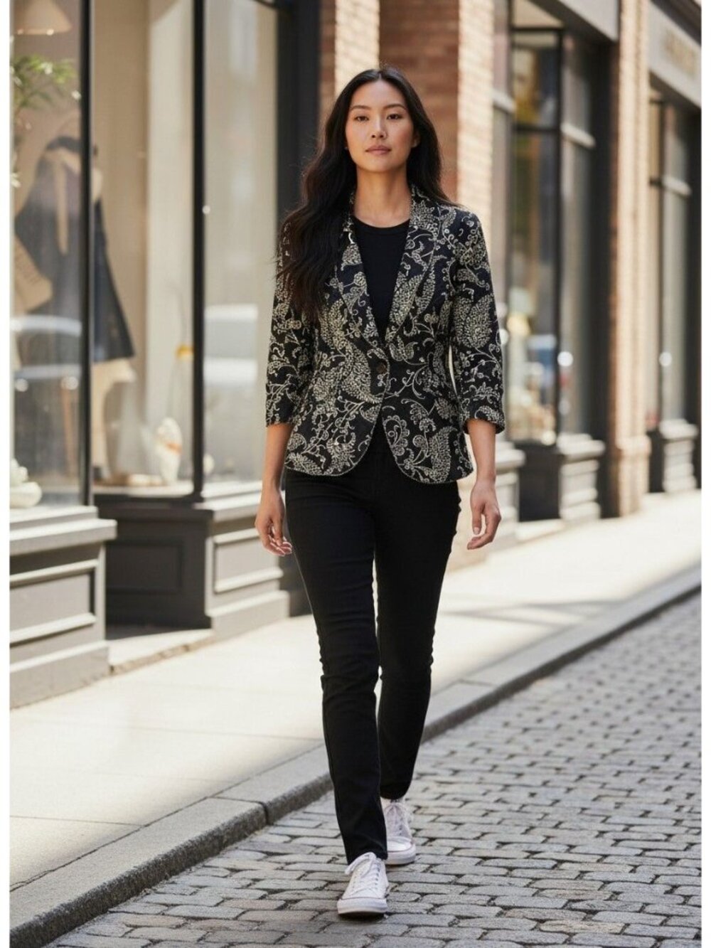 CAbi Black Ivory Paisley Blazer Jacket Womens 2 Polyester 3/4 Sleeve Button